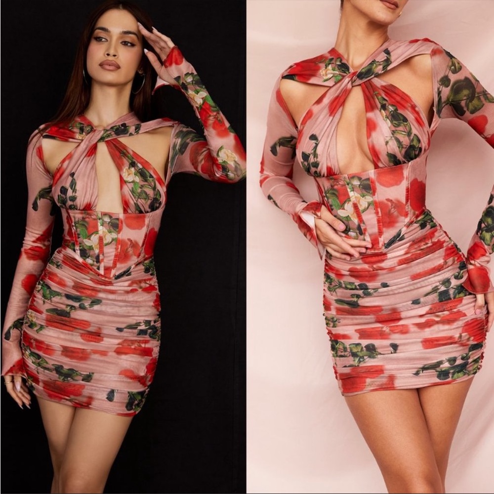 House of CB ‘Adanna’ Rose Print Corset Mini Dress NWOT - Picture 1 of 13